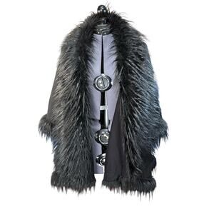 SUPERTRASH Black Faux Fur Feather Boa trimmed Women's Cape Poncho Wool Blend OS